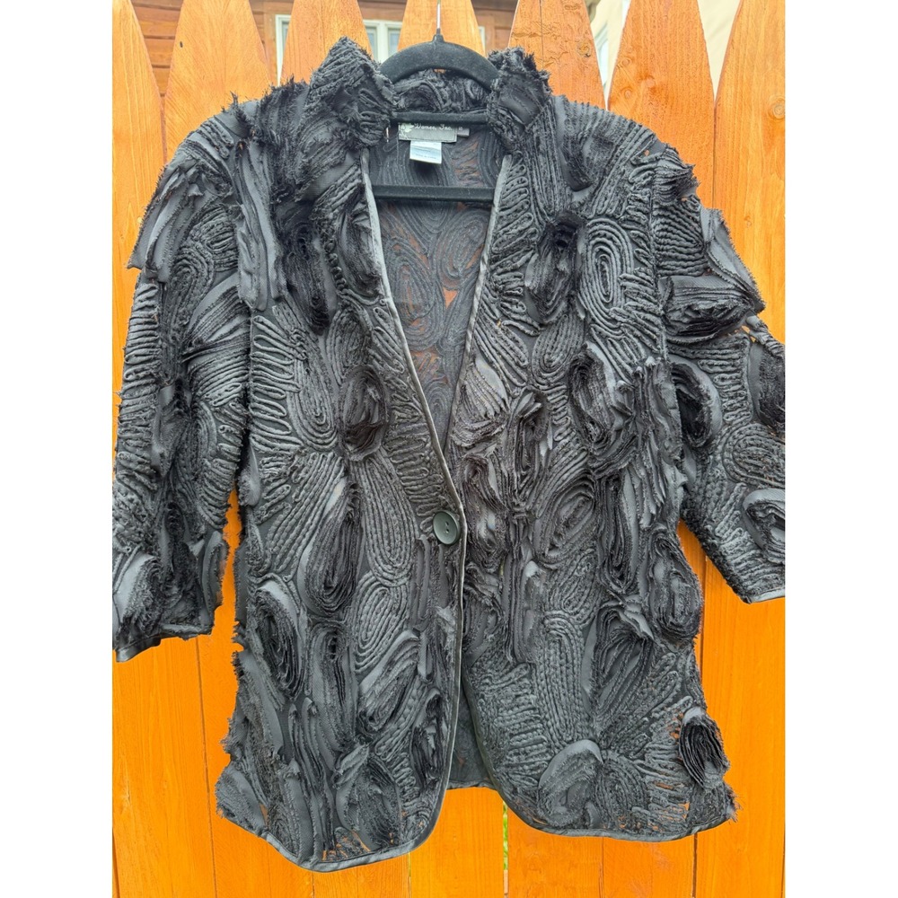 Damee Inc Black Textured 3D Ribbon Swirl Mesh Blazer Jacket Small Avant Garde